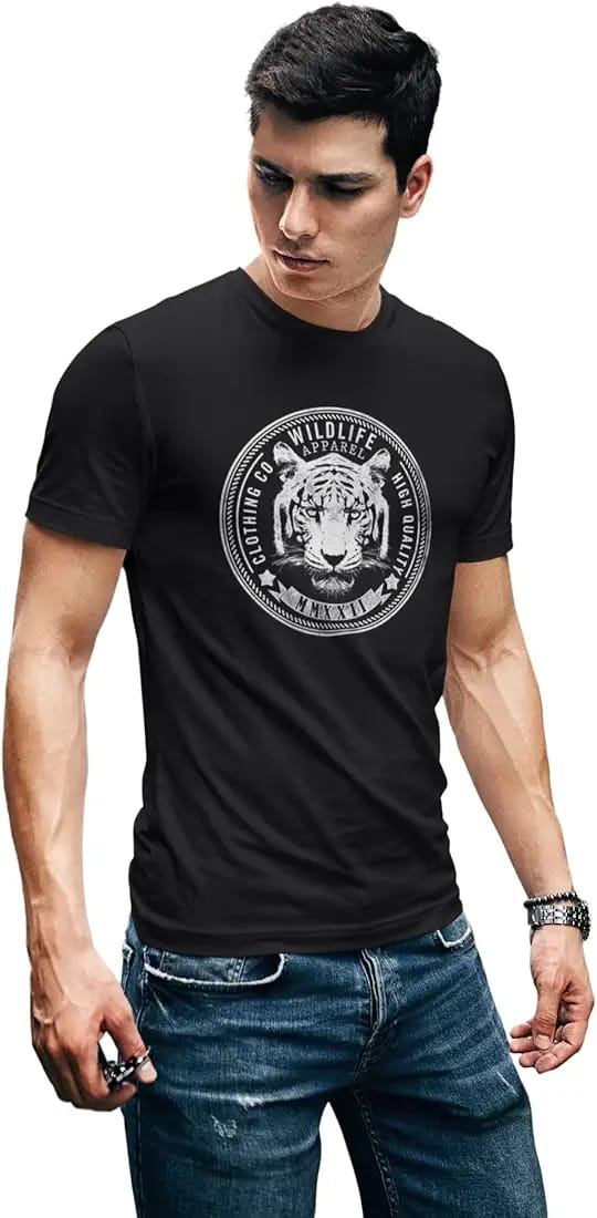 Men's Printed Tiger Head T-Shirt - Elegant Black Jersey O-Neck Half Sleeves - Wildlife Graphic Tee