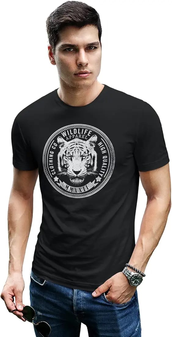 Men's Printed Tiger Head T-Shirt - Elegant Black Jersey O-Neck Half Sleeves - Wildlife Graphic Tee