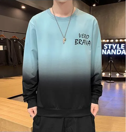 Men's Gradient Loose Round Neck Long Sleeve T-Shirt - Casual Autumn Winter Sweatshirt with Contrast Color Design, Soft and Plus Size