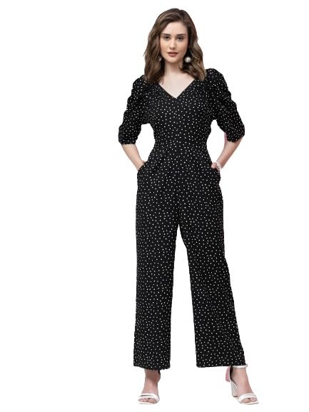 Black Floral Print Puff Sleeve Wide-Leg Jumpsuit and KASSUALLY Casual Pleated Sleeve Jumpsuit for Women