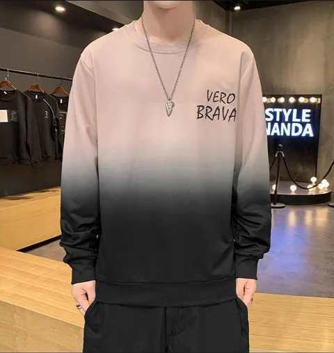 Men's Gradient Loose Round Neck Long Sleeve T-Shirt - Casual Autumn Winter Sweatshirt with Contrast Color Design, Soft and Plus Size