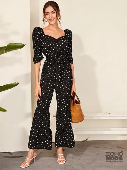 Black Floral Print Puff Sleeve Wide-Leg Jumpsuit and KASSUALLY Casual Pleated Sleeve Jumpsuit for Women