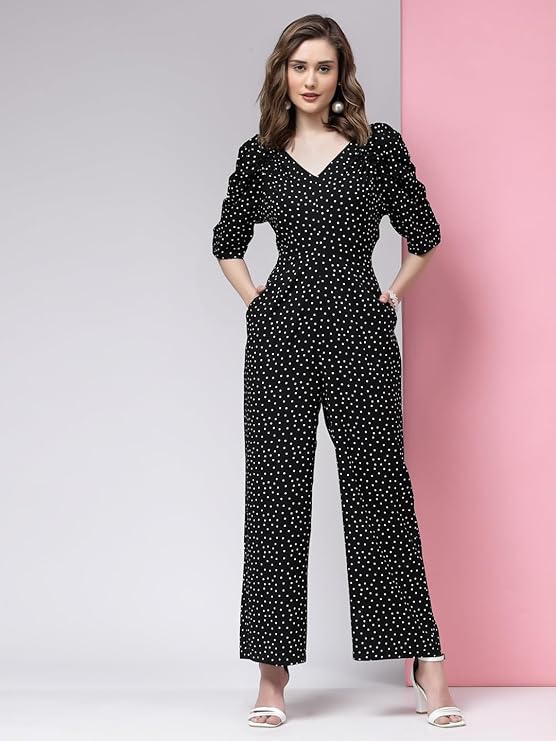 Black Floral Print Puff Sleeve Wide-Leg Jumpsuit and KASSUALLY Casual Pleated Sleeve Jumpsuit for Women