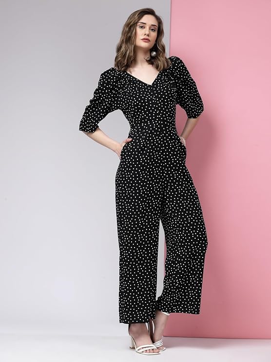 Black Floral Print Puff Sleeve Wide-Leg Jumpsuit and KASSUALLY Casual Pleated Sleeve Jumpsuit for Women