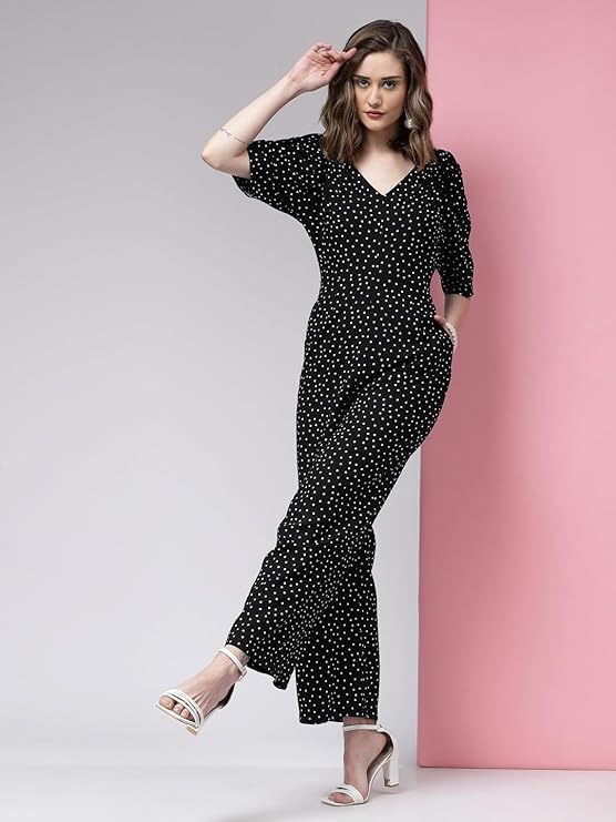 Black Floral Print Puff Sleeve Wide-Leg Jumpsuit and KASSUALLY Casual Pleated Sleeve Jumpsuit for Women