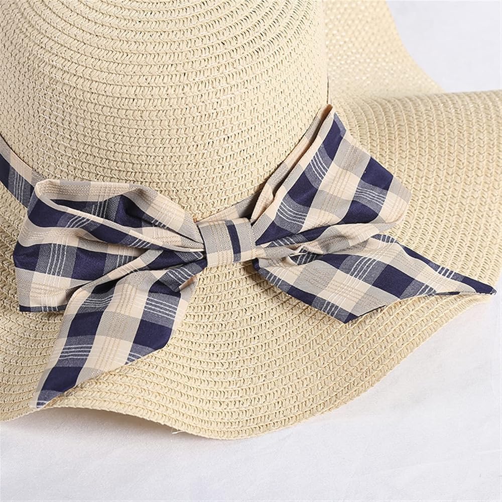 Women's Beach Sun Straw Hat - Wide Brim Foldable Floppy Hat with Bow - Summer Contrast Color Pastoral Cap