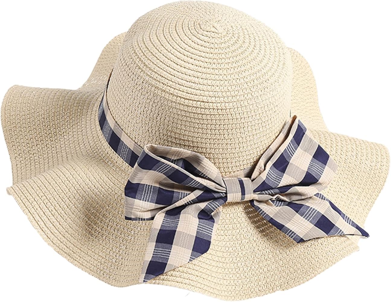 Women's Beach Sun Straw Hat - Wide Brim Foldable Floppy Hat with Bow - Summer Contrast Color Pastoral Cap