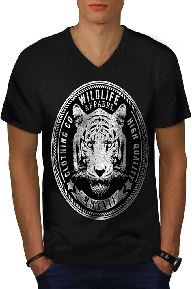 Men's Printed Tiger Head T-Shirt - Elegant Black Jersey O-Neck Half Sleeves - Wildlife Graphic Tee