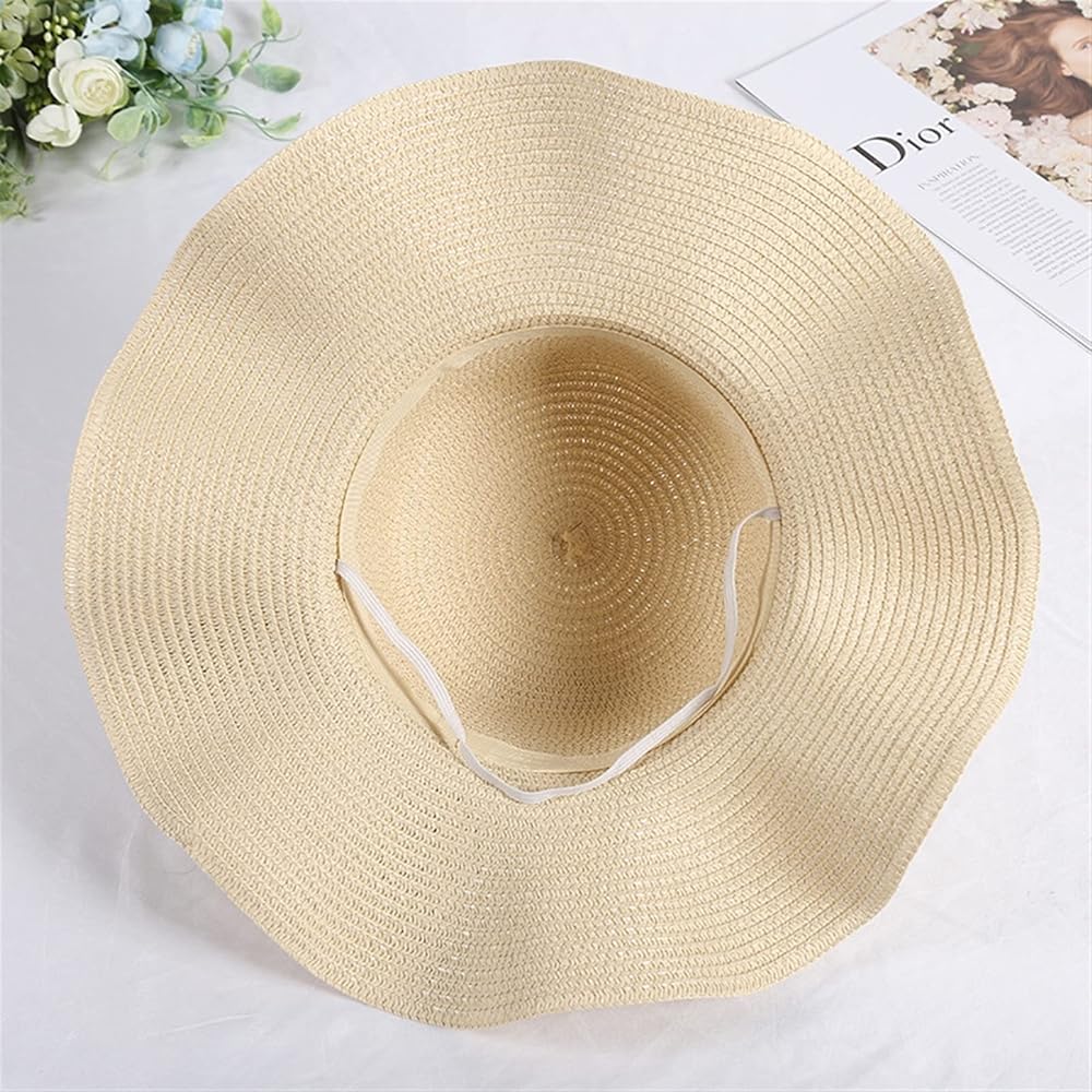 Women's Beach Sun Straw Hat - Wide Brim Foldable Floppy Hat with Bow - Summer Contrast Color Pastoral Cap