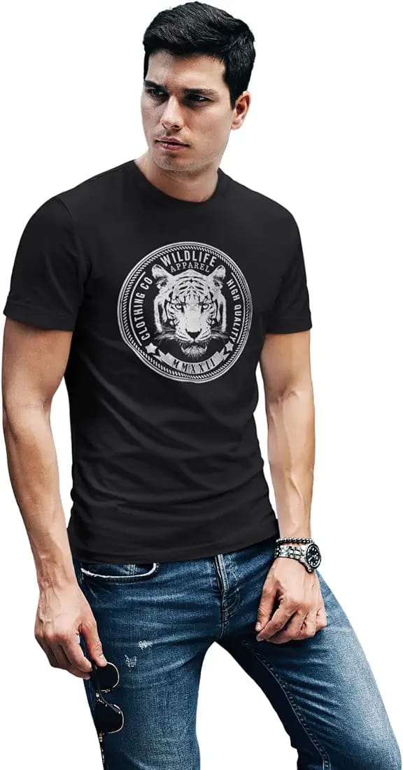 Men's Printed Tiger Head T-Shirt - Elegant Black Jersey O-Neck Half Sleeves - Wildlife Graphic Tee