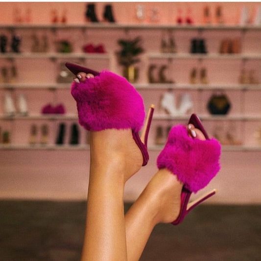 Stylish Fuchsia Vegan Suede Pointed Toe Faux Fur Mule Heels - Women's Open Toe Stiletto Sandals